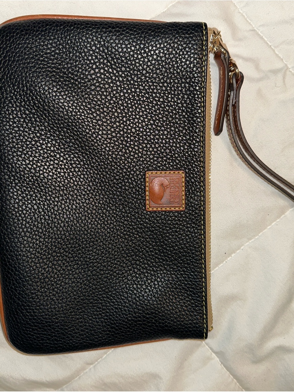 Dooney & Bourke Black Pebbled Leather Wristlet with Brown Trim